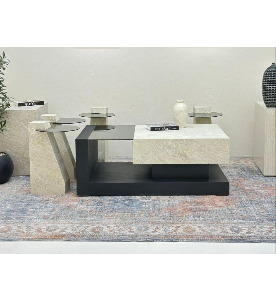 طقم طاولات 5قطع سطح بديل حجر قاعده خشب قشرة السنديان اسود طقم طاولات 5قطع سطح بديل حجر قاعده خشب قشرة السنديان اسود