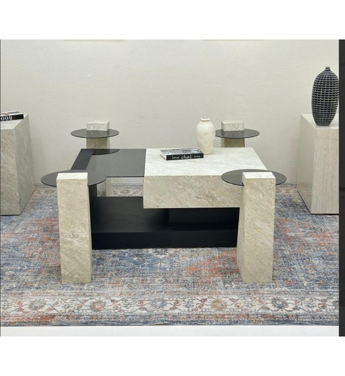 طقم طاولات 5قطع سطح بديل حجر قاعده خشب قشرة السنديان اسود طقم طاولات 5قطع سطح بديل حجر قاعده خشب قشرة السنديان اسود