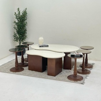 طقم طاولات كلياوي 8قطع سطح بديل الرخام ترافنتينو قاعده خشب لون بني