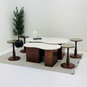 طقم طاولات كلياوي 8قطع سطح بديل الرخام ترافنتينو قاعده خشب لون بني