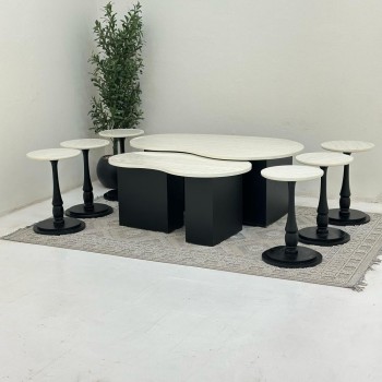 طقم طاولات كلياوي 8قطع سطح بديل الرخام ترافنتينو قاعده خشب لون اسود