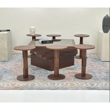 طقم طاولات 7قطع سطح زجاج قاعده خشب قشرة سنديان