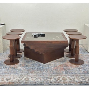 طقم طاولات 7قطع سطح زجاج قاعده خشب قشرة سنديان