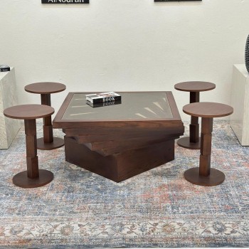 طقم طاولات 5قطع سطح زجاج قاعده خشب قشرة سنديان