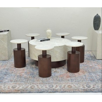 طقم طاولات اسطواني 7قطع سطح بديل الحجر سطح خشن  قاعدة خشب لون بني 