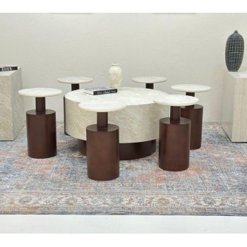 طقم طاولات اسطواني 7قطع سطح بديل الحجر سطح خشن  قاعدة خشب لون بني 