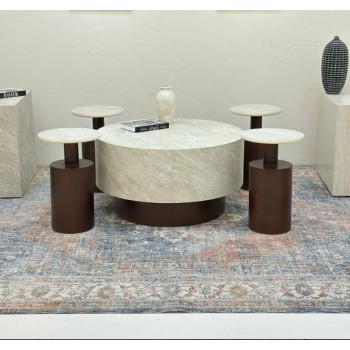 طقم طاولات اسطواني 5قطع سطح بديل الحجر قاعدة خشب لون بني 