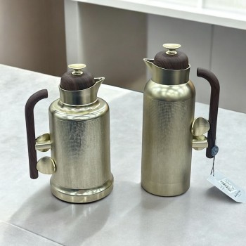 طقم ترمس شاي جلنار نيكل كروم ممسك خشبي   2قطع 