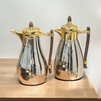  طقم ترامس يتصميم عصري الدانة  باللون الفضي والذهبي ممسك خشبي 