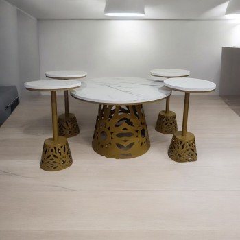 طقم طاولة قهوة بسطح بديل الرخام 5قطع  قاعدة ذهبي 