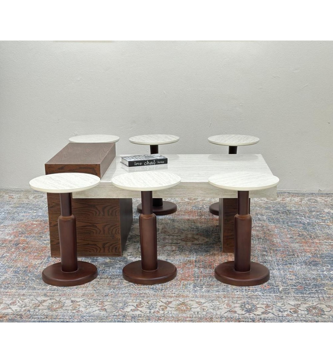 طقم طاولات 7قطع سطح بديل الرخام قاعده خشب قشرة سنديان