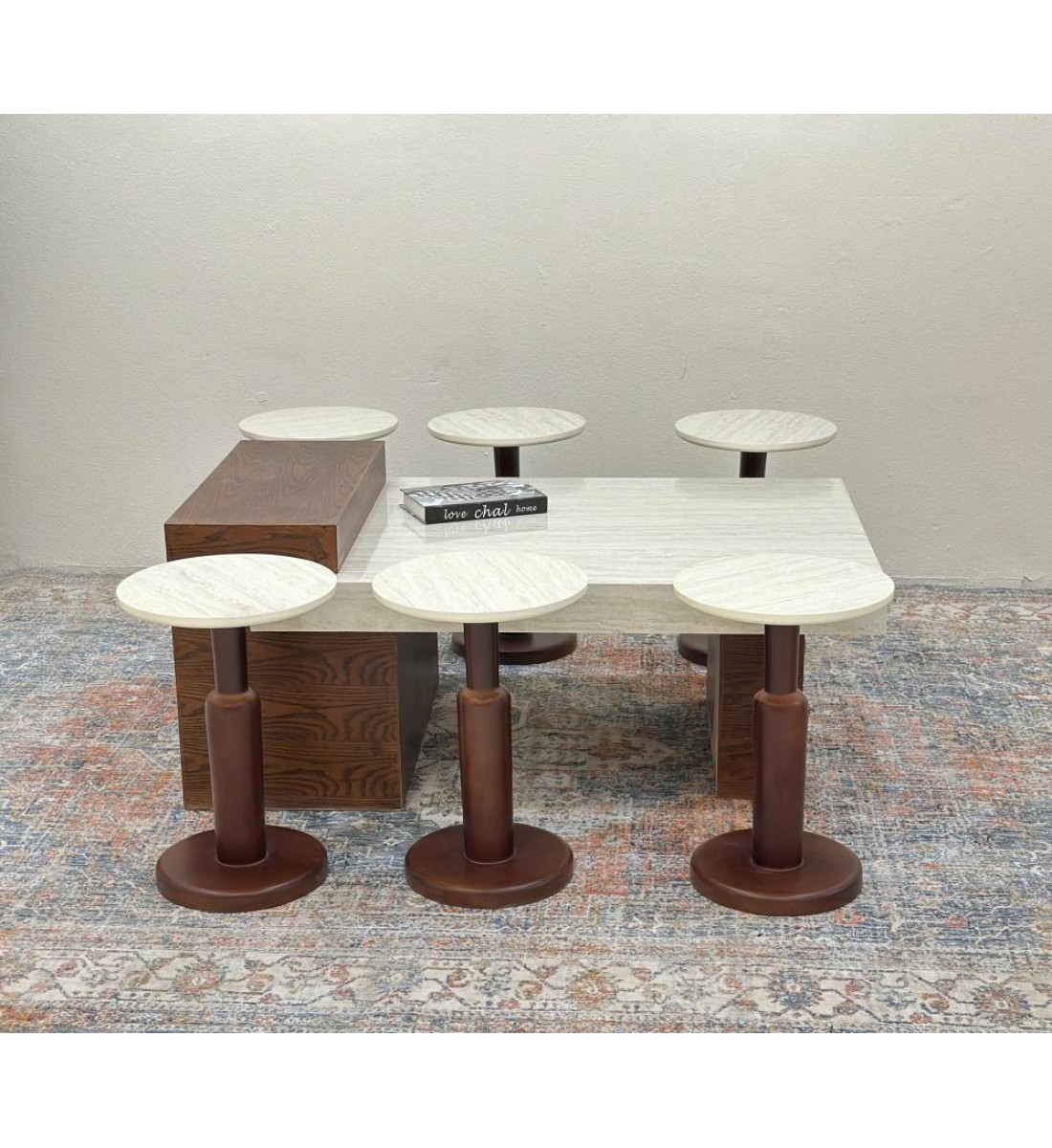 طقم طاولات 7قطع سطح بديل الرخام قاعده خشب قشرة سنديان