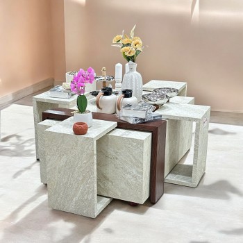 طقم طاولات قهوه وتقديم بديل الرخام لون بيج  +حزام خشبي  بني 5قطع