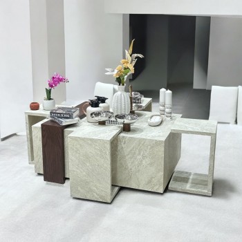 طقم طاولات قهوه وتقديم بديل الرخام لون بيج  +حزام خشبي  بني 5قطع