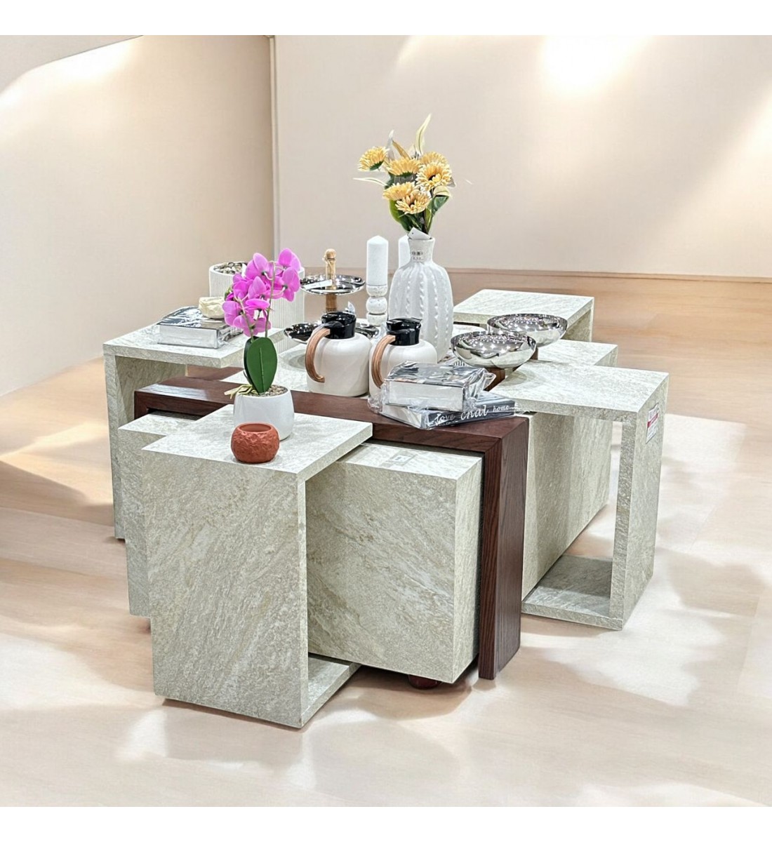 طقم طاولات قهوه وتقديم بديل الرخام لون بيج +حزام خشبي بني 5قطع طقم طاولات قهوه وتقديم بديل الرخام لون بيج +حزام خشبي بني 5قطع