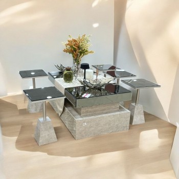 طقم طاولات قهوه وتقديم هرمي مربع زجاج 7قطع 