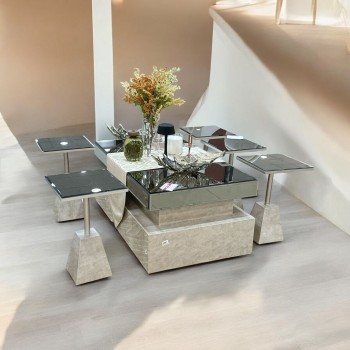 طقم طاولات قهوه وتقديم هرمي مربع زجاج 7قطع 