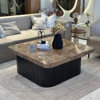 طاولة بتصميم انيق رخام - بني قاعده خشب واسود 100×100×45سم (منتج تفصيل )