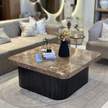 طاولة بتصميم انيق رخام - بني قاعده خشب واسود 100×100×45سم (منتج تفصيل )