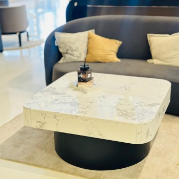 طاولة بتصميم انيق رخام - ابيض قاعده خشب واسود 100×100×45سم (منتج تفصيل )