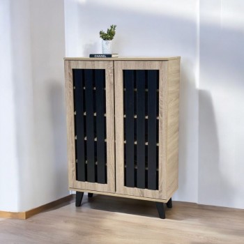 Malaysian wooden shoe rack with black wooden doors