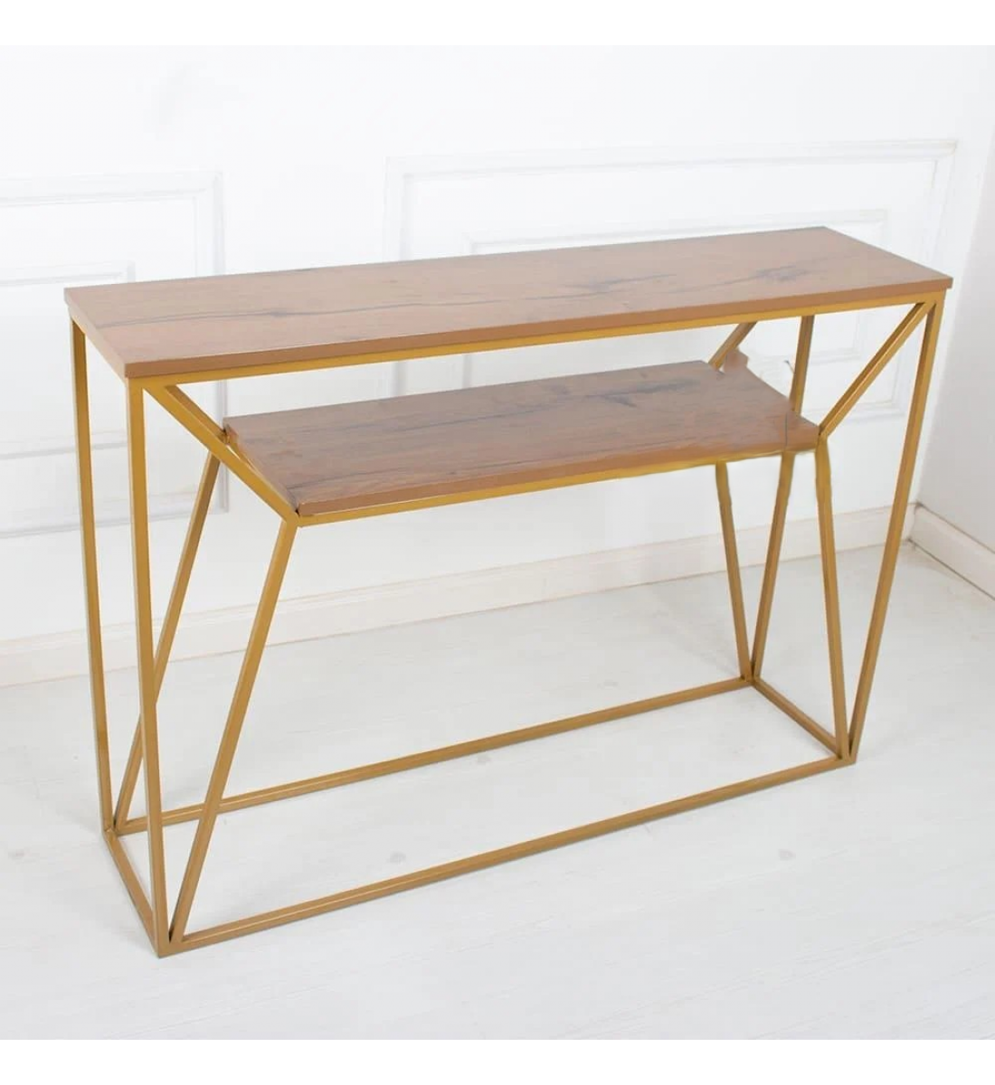 طاولة مدخل دورين لون ذهبي سطح خشب بني مقاس 90x32x120سم