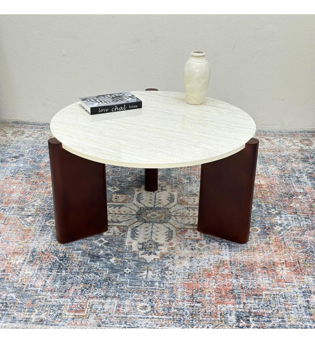 طاولة دائري سطح بديل الرخام قاعده خشب لون بني طاولة دائري سطح بديل الرخام قاعده خشب لون بني