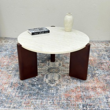 طاولة دائري سطح بديل الرخام قاعده خشب لون بني