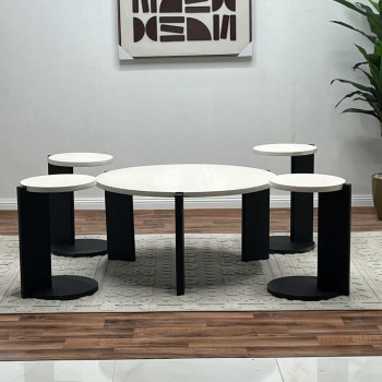 طقم طاولات 7قطع سطح بديل الرخام  سطح ناعم قاعده خشب لون اسود