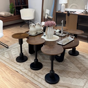 طقم طاولات 7قطع سطح خشب الجوز قاعده خشب لون اسود