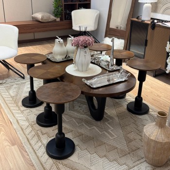 طقم طاولات 7قطع سطح خشب الجوز قاعده خشب لون اسود