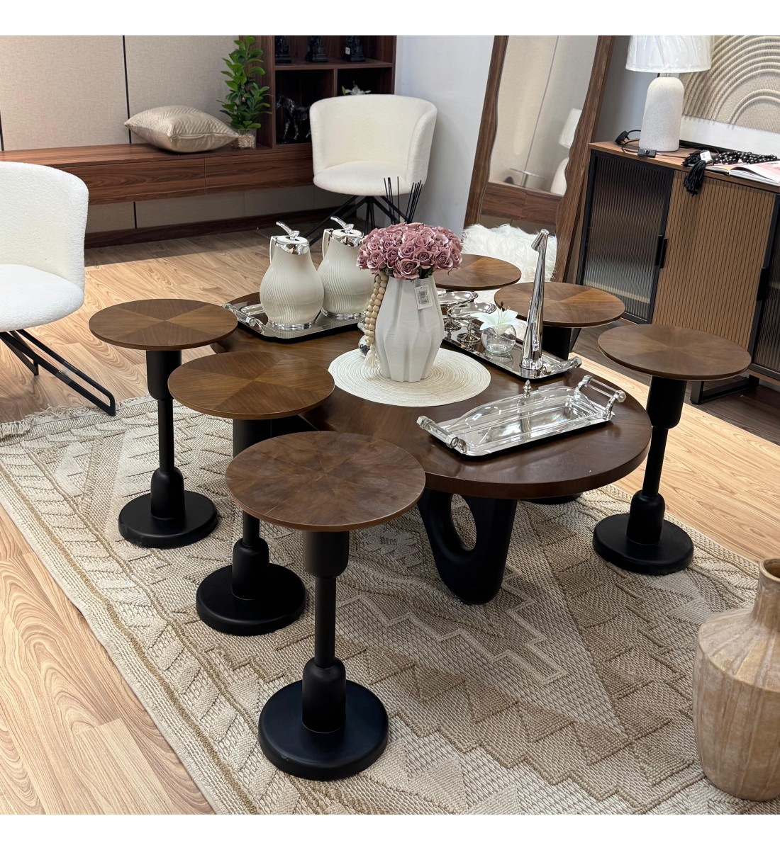 طقم طاولات 7قطع سطح خشب الجوز قاعده خشب لون اسود