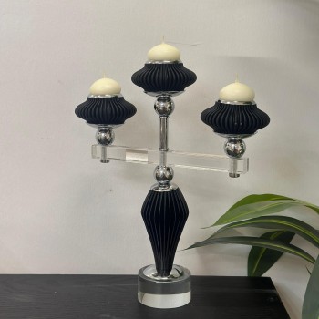 شمعدان ثلاثي  فضي اكرلك اسود  تصميم انيق 36×24×5سم 