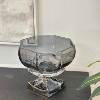 صينية تقديم دائري عميقة بقاعدة زجاج رمادي غامق - مناسبة لتقديم الفواكة والمكسرات  21×21×20سم