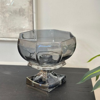 صينية تقديم دائري عميقة بقاعدة زجاج رمادي غامق - مناسبة لتقديم الفواكة والمكسرات  21×21×20سم