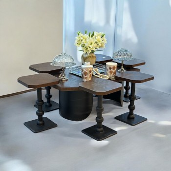 طقم طاولات 5قطع سطح قشرة الجوز قاعده خشب لون اسود