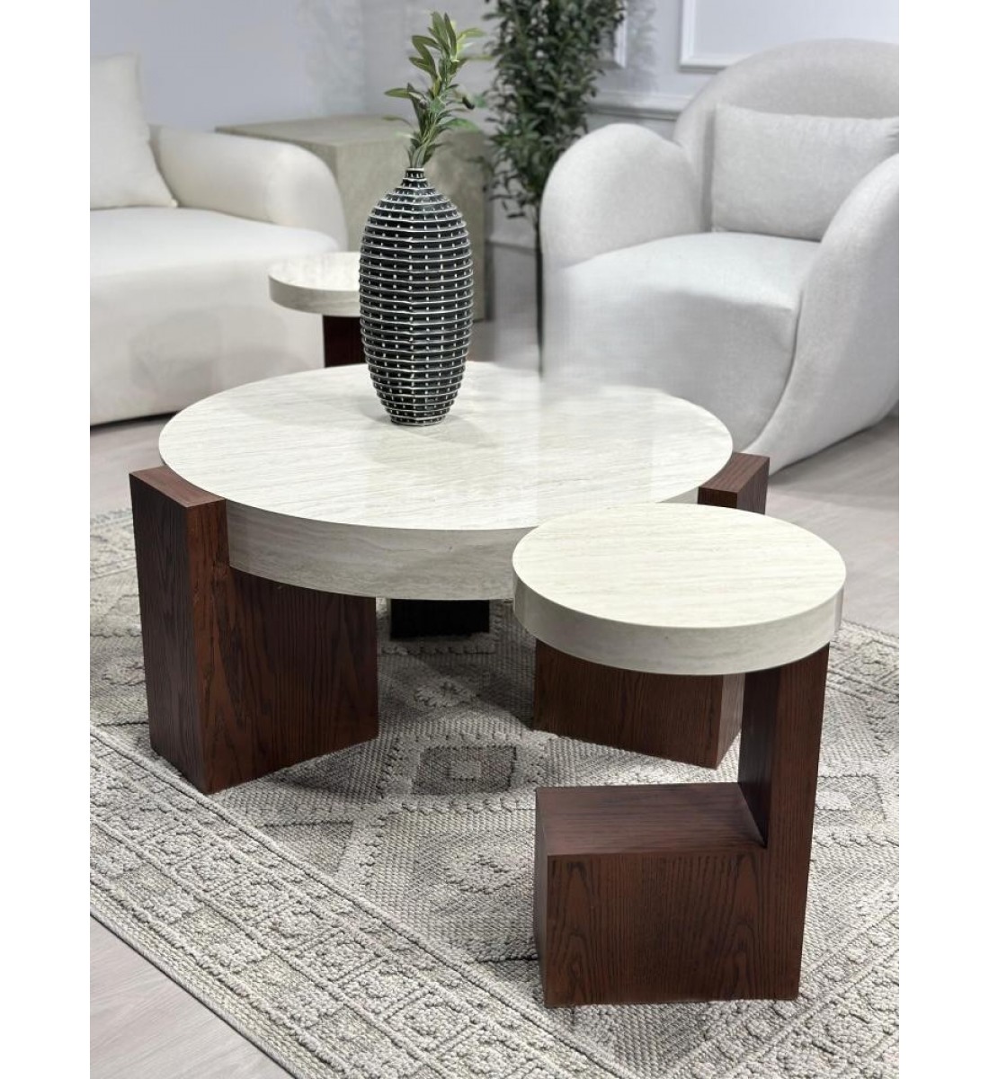 طقم طاولات 5قطع سطح بديل الرخام قاعده خشب سنديان