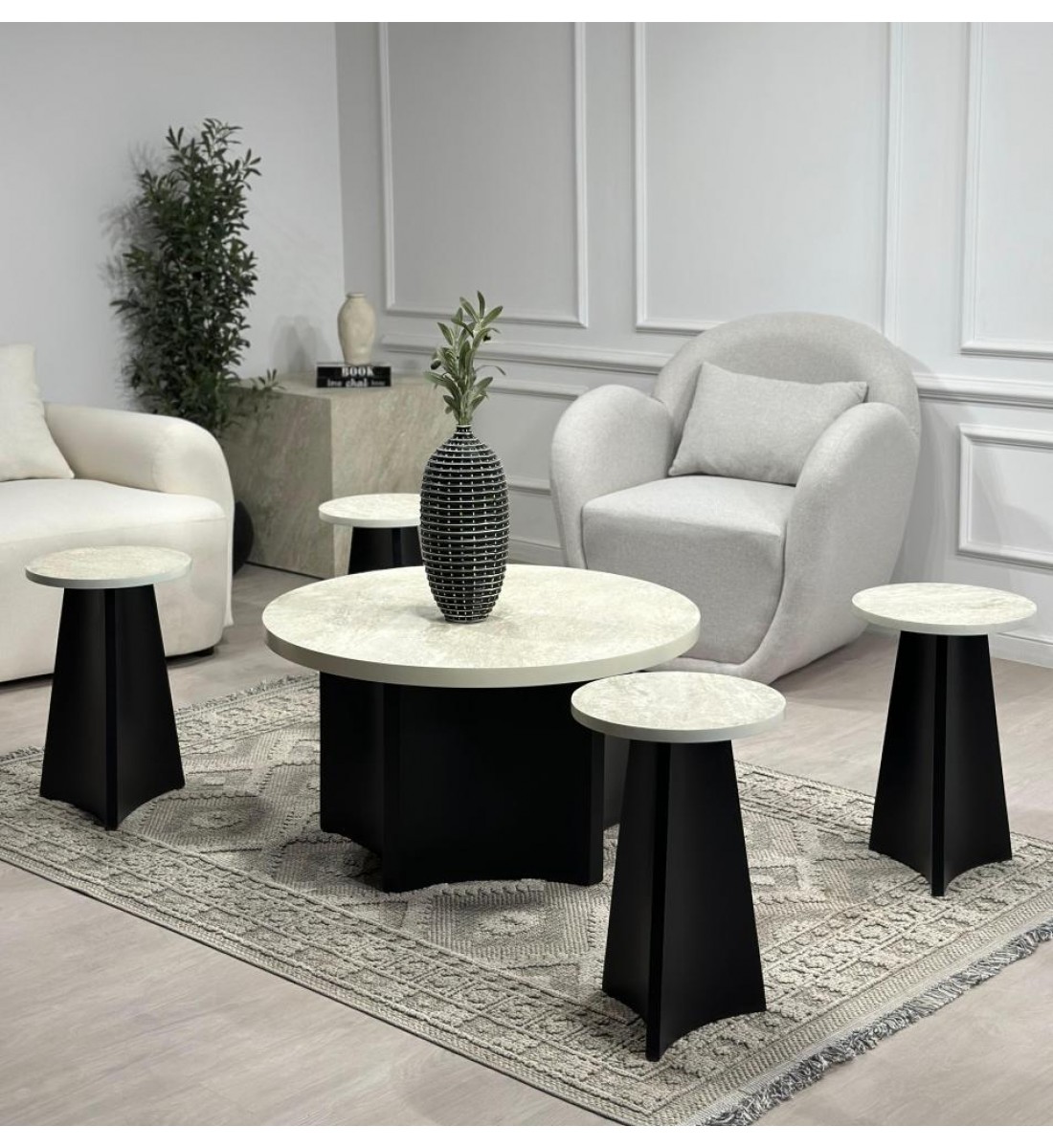 طقم طاولات 5قطع سطح بديل الرخام الحجري قاعده خشب