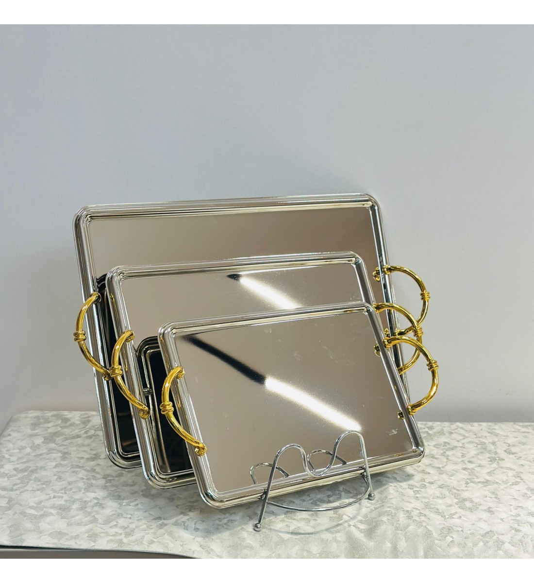 طقم صواني تقديم فاخر بتصميم مستطيل أنيق، 3قطع