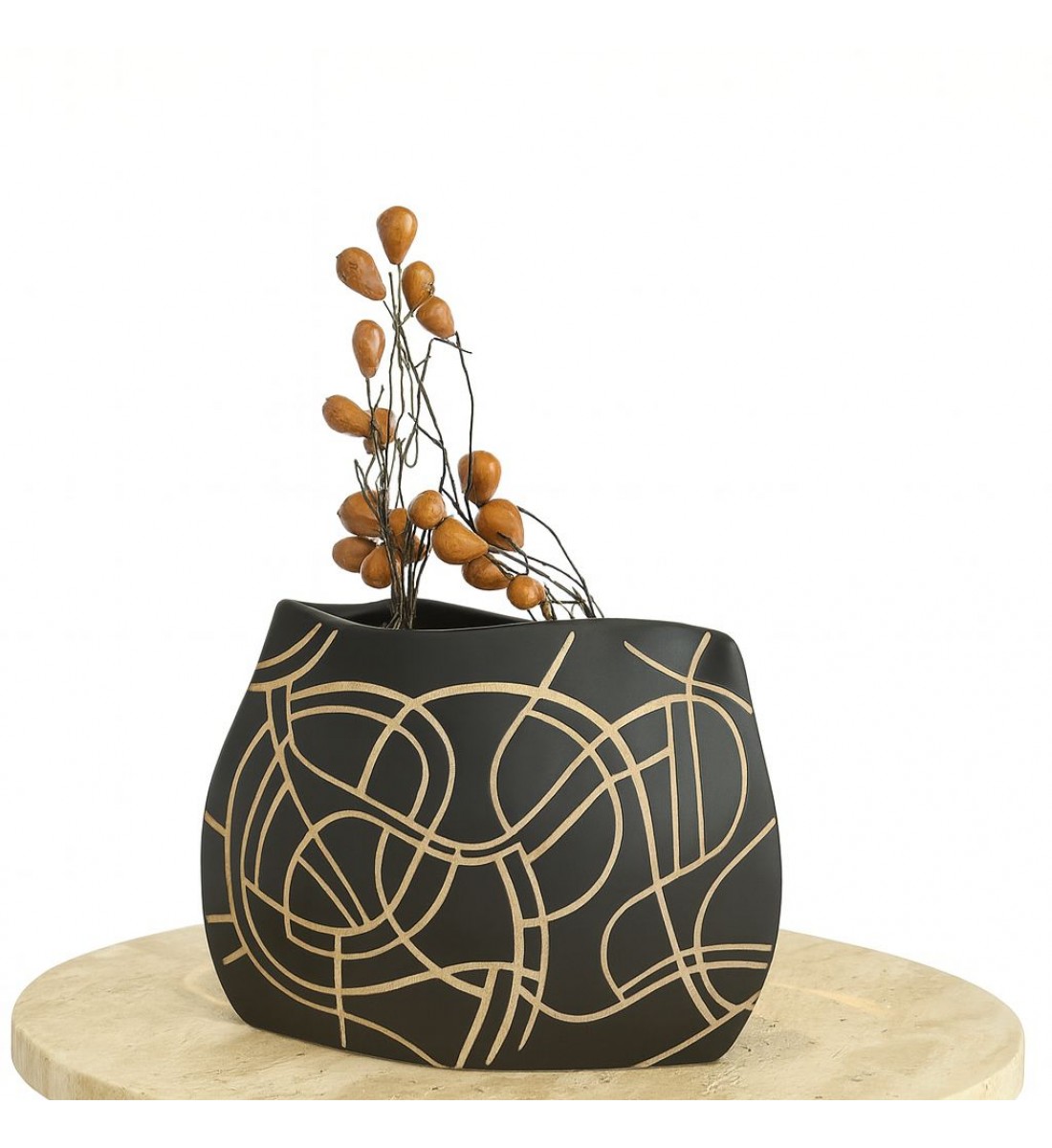 مزهرية خزفية أنيقة باللون الأسود المطفي مزخرفة بخطوط ذهبية22×28×9سم 