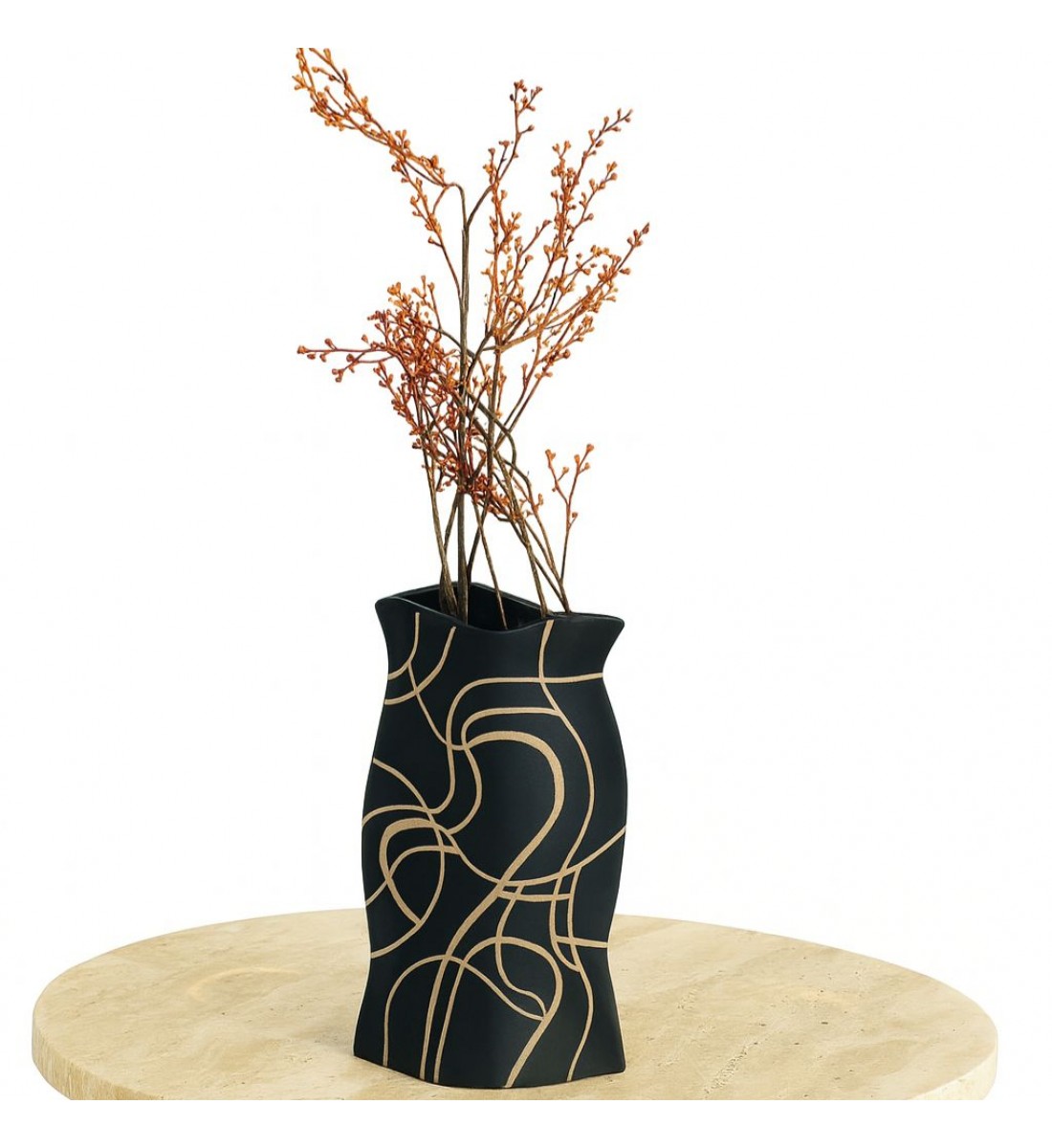 مزهرية خزفية أنيقة باللون الأسود المطفي مزخرفة بخطوط ذهبية42×20×10سم