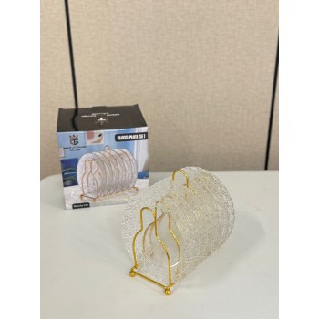 A set of 6-piece glass dessert plates with an iron stand