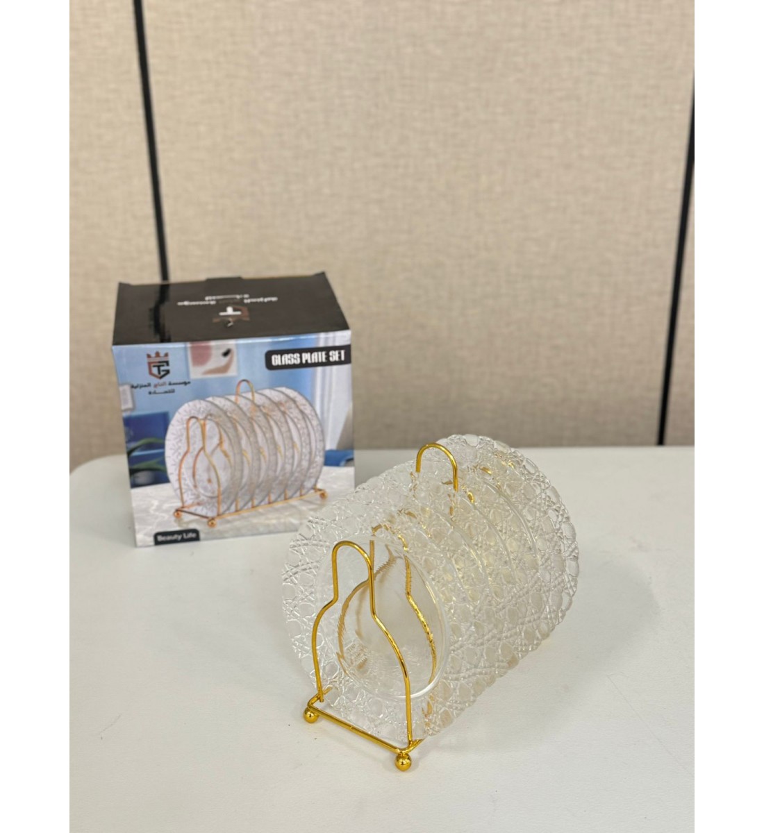 طقم صحون حلا زجاج 6 قطعة مع استاند حديد طقم صحون حلا زجاج 6 قطعة مع استاند حديد