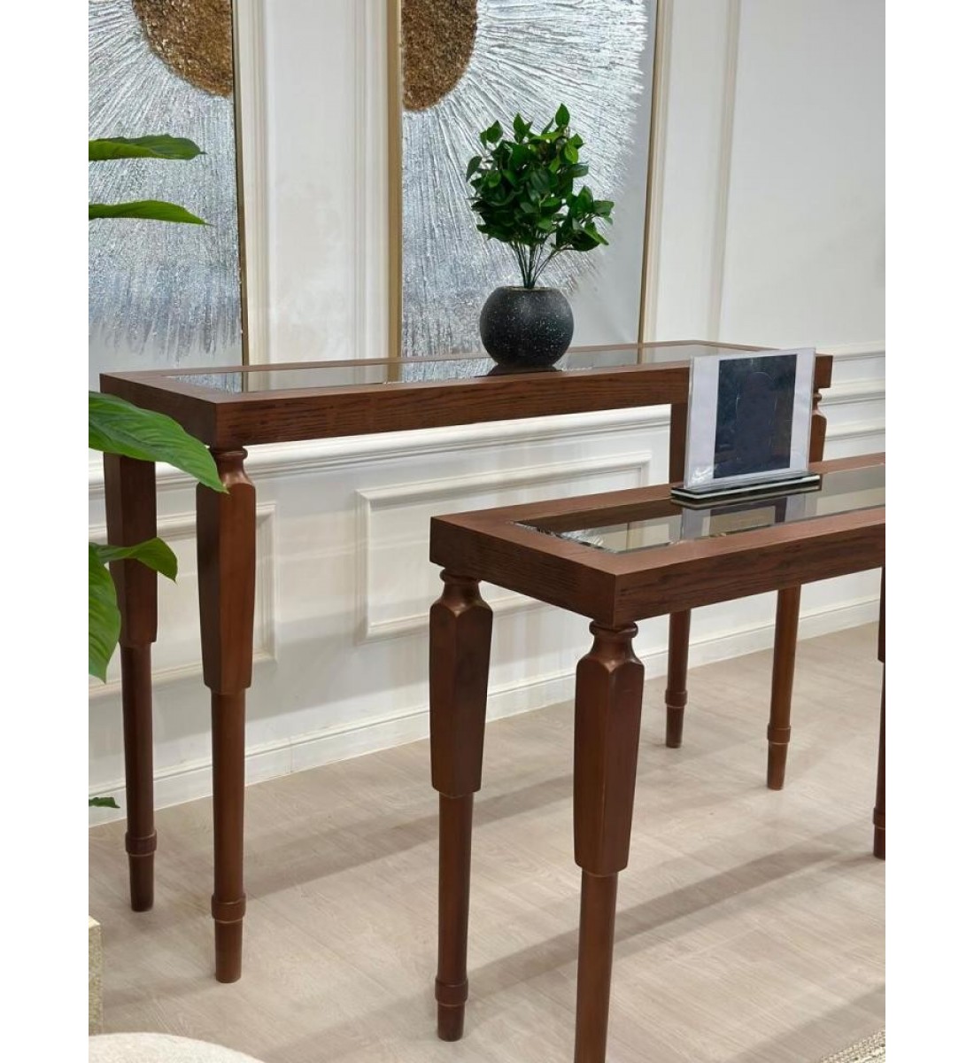 طقم مدخل قطعتين بسطح زجاج شفاف وخشب قشرة سنديان (منتج تفصيل )