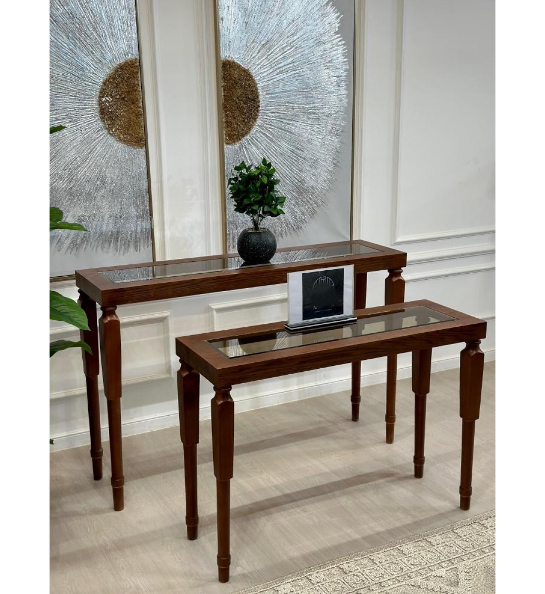 طقم مدخل قطعتين بسطح زجاج شفاف وخشب قشرة سنديان (منتج تفصيل )