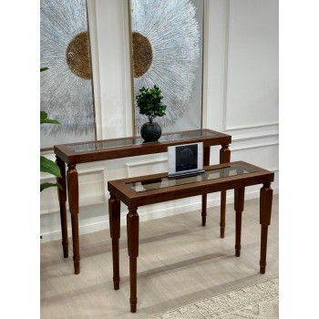 طقم مدخل قطعتين بسطح زجاج شفاف وخشب قشرة سنديان (منتج تفصيل )