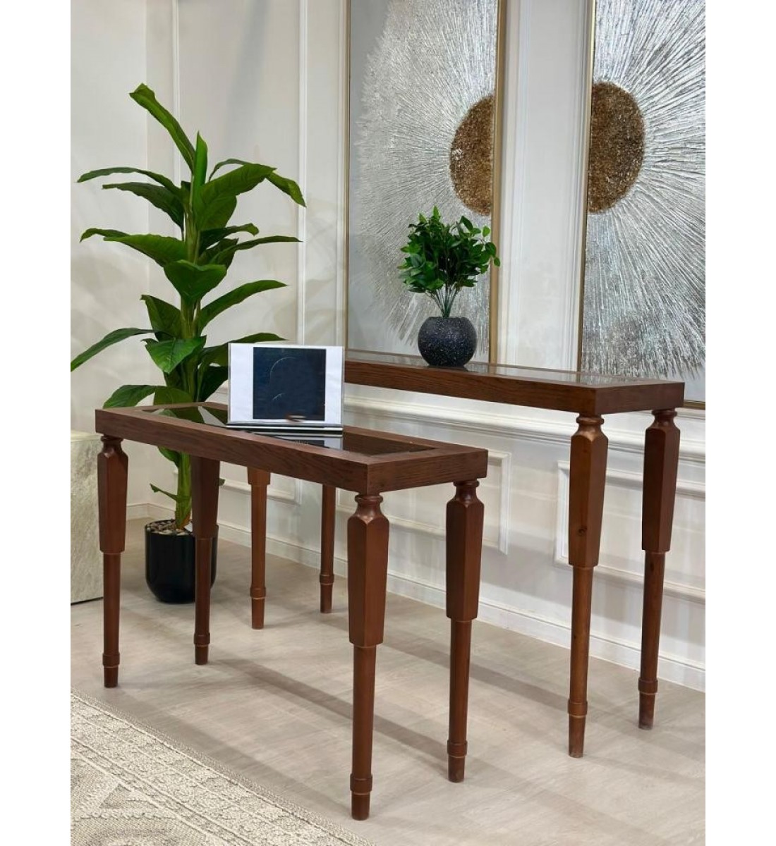 طقم مدخل قطعتين بسطح زجاج شفاف وخشب قشرة سنديان (منتج تفصيل )