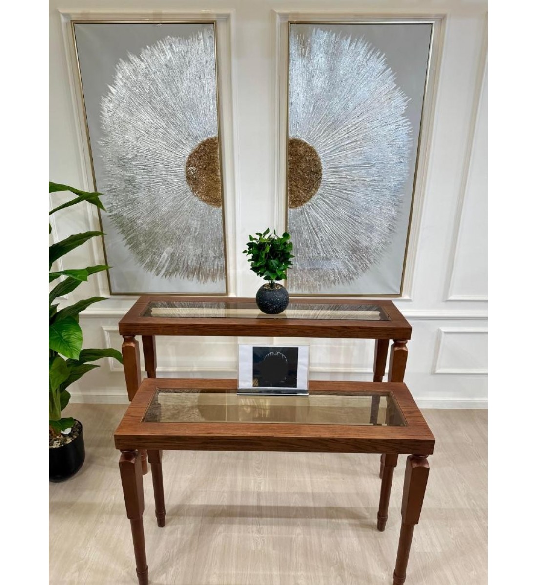 طقم مدخل قطعتين بسطح زجاج شفاف وخشب قشرة سنديان (منتج تفصيل )