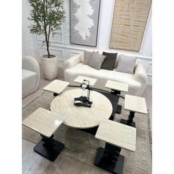 طقم طاولات 8قطع سطح بديل الرخام قاعده خشب سنديان اسود