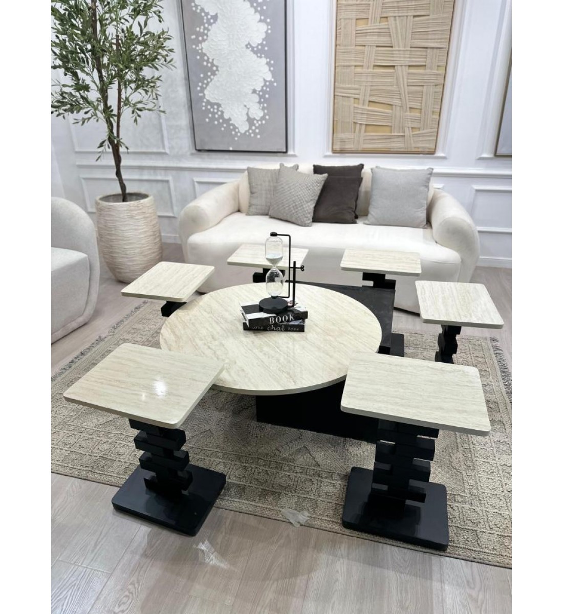 طقم طاولات 8قطع سطح بديل الرخام قاعده خشب سنديان اسود طقم طاولات 8قطع سطح بديل الرخام قاعده خشب سنديان اسود